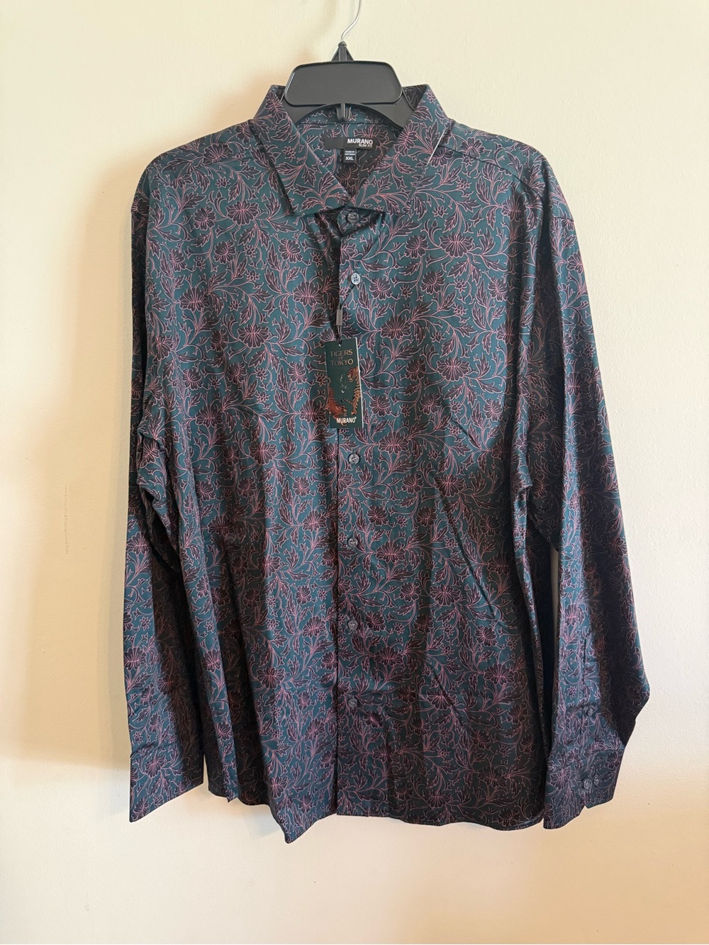 Murano Men's Floral Button-Down Shirt - Teal & Maroon Accents